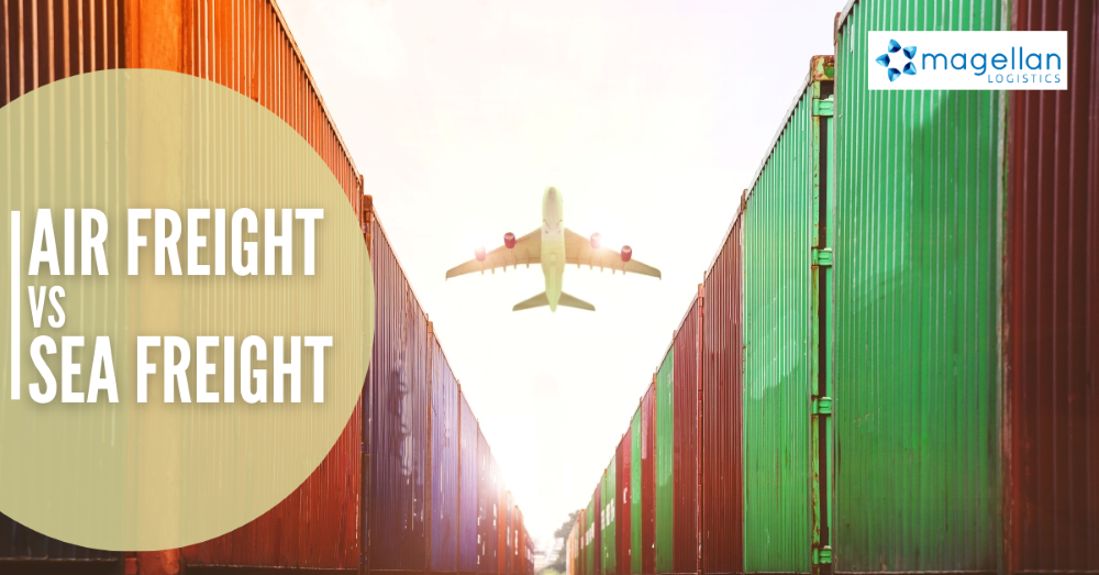 Air freight vs sea freight: image shows an aeroplane shot from the ground flying above stacks of shipping containers