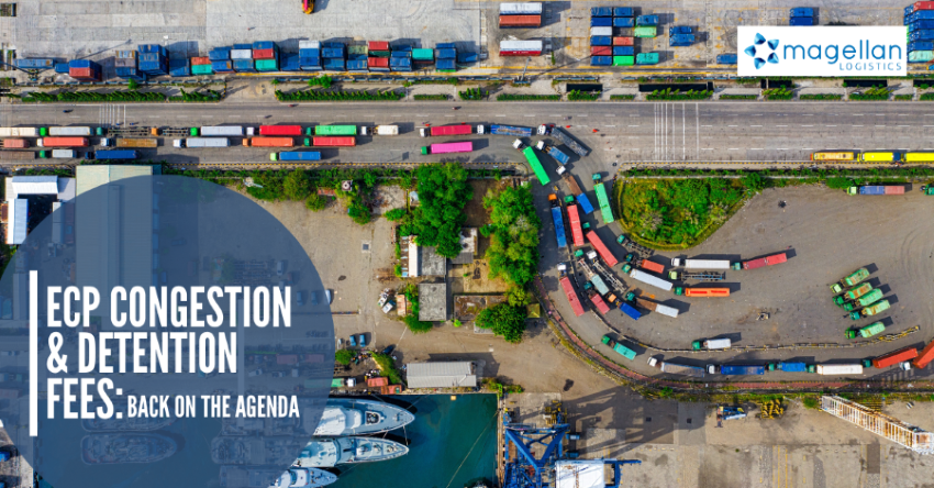 Detention Fees: Aerial view of transporters waiting in a queue