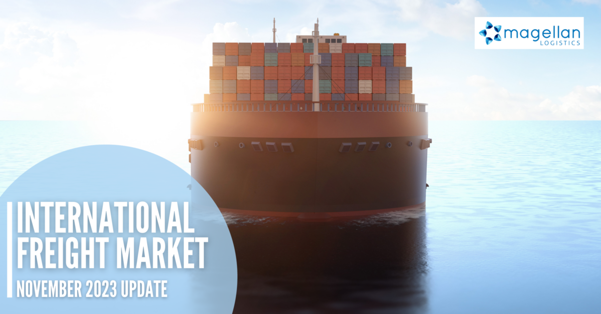 Freight Market Update. Rear of container ship on still sea with horizon