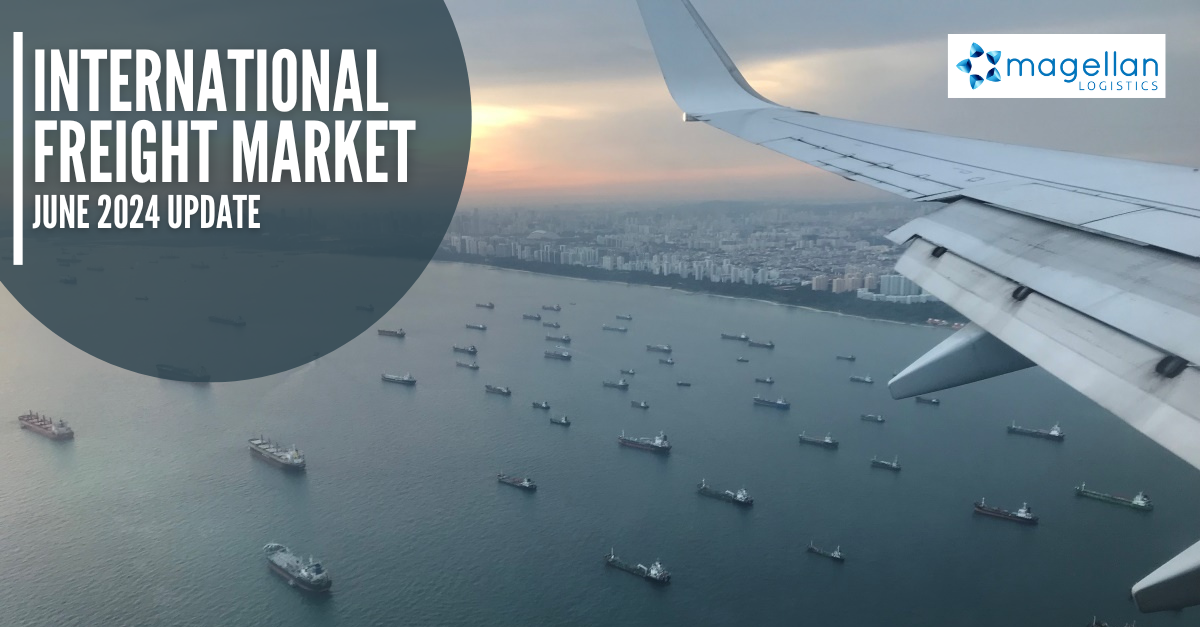 Freight Market Update: Aerial view of container ships at anchor outside of the port near a city