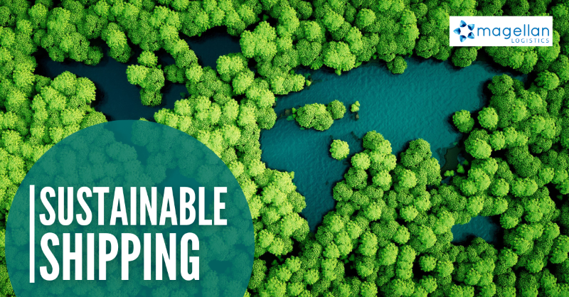 Sustainable Shipping: aerial view of pond and trees growing along the shore to form the shape of a may of the world.