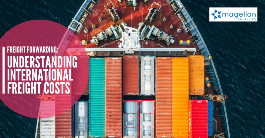 Freight Costs: View of bow of container ship from above.