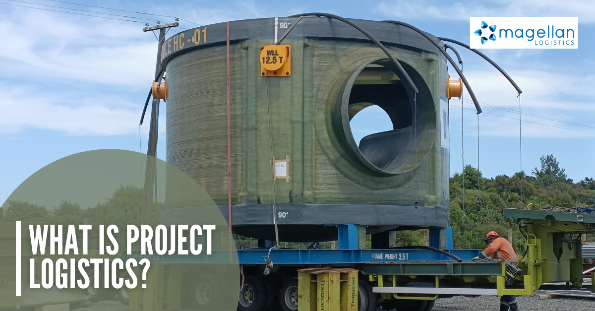 What is project logistics? Section of large green concrete pipe for sewer pipeline project.