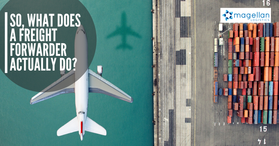 Freight Forwarder: Aerial view of plane flying above a wharf and shipping containers
