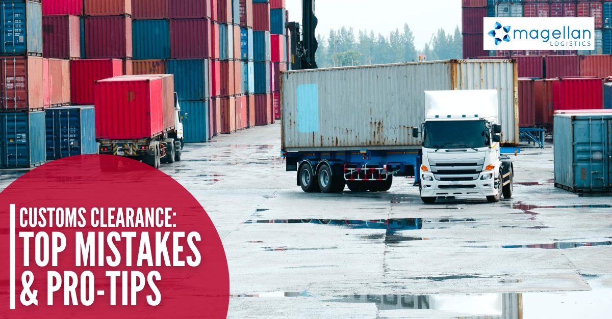 Customs Clearance: Image of stacks of blue and red shipping containers and trucks on a wet day.