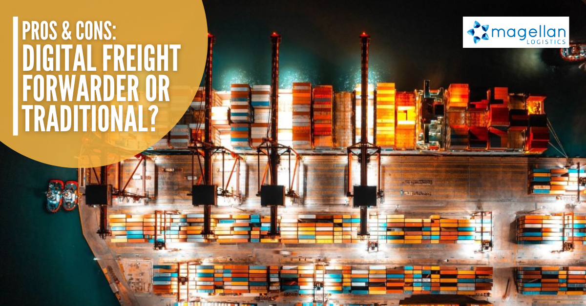 Digital Freight Forwarder: Aerial shot of port at night with cranes loading a container ship.