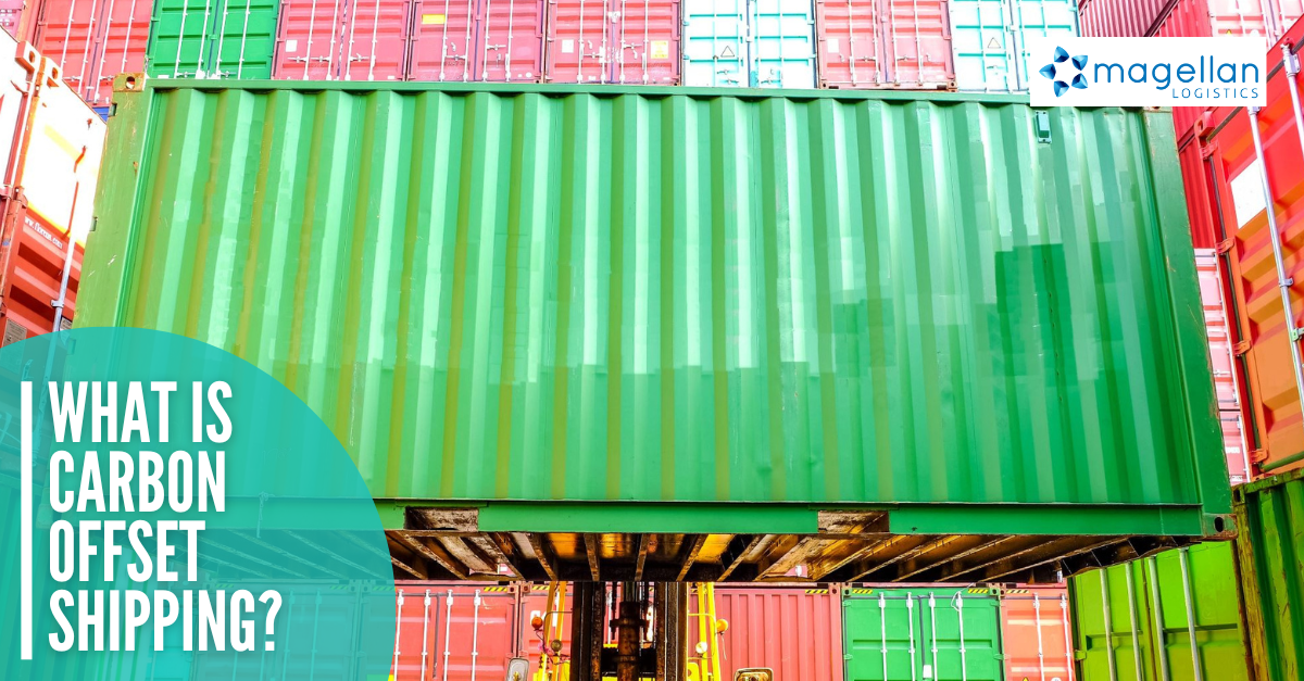 Carbon Offset Shipping: Close up image of green shipping container being lifted by a forklift.