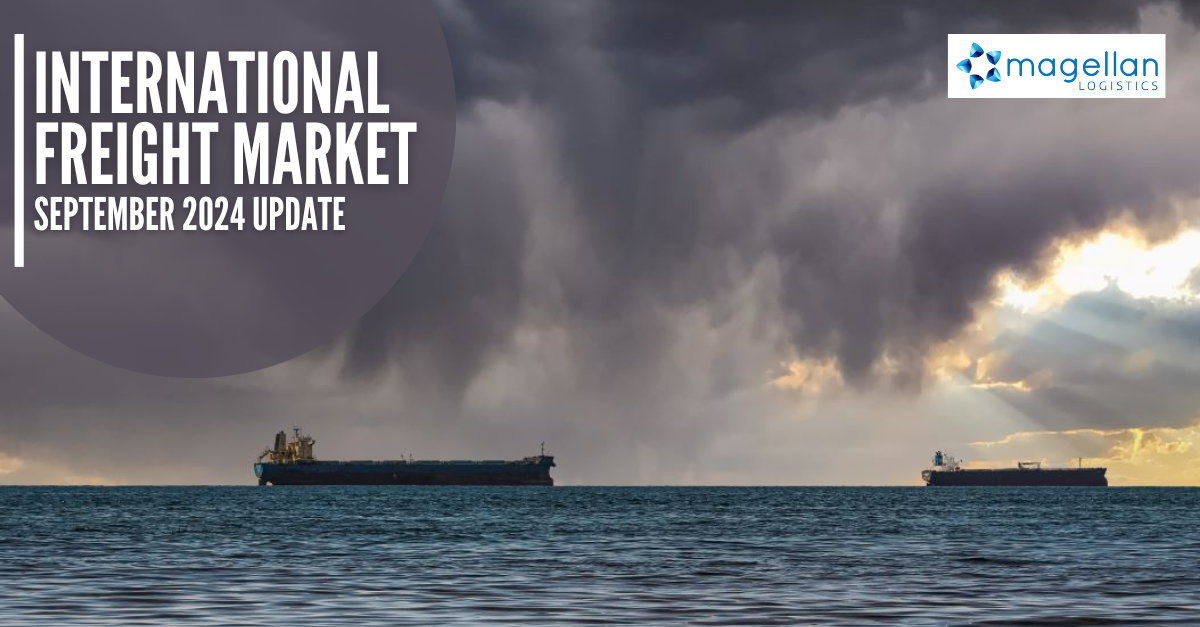 Freight Market Update: Two container ships without cargo on horizon against a stormy sky.