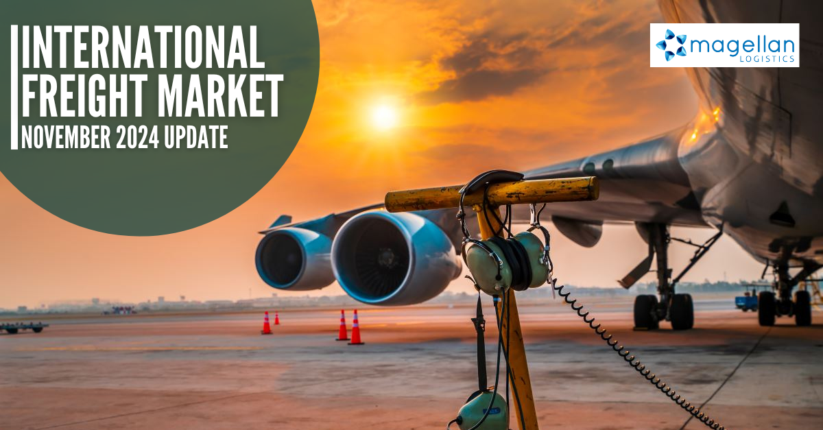 Freight Market Update. Close up of headphones hanging on ground crew equipment with wing and engines of jet aeroplane in background against an orange sky with a setting sun. Horizon in the distance.
